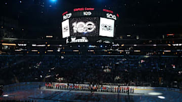 LOS ANGELES, CA - JANUARY 29: The NHL 100 line up at center ice prior to the 2017 Honda NHL All-Star Game at Staples Center on January 29, 2017 in Los Angeles, California. (Photo by Dave Sandford/NHLI via Getty Images)