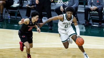 Michigan State forward Aaron Henry (0) dribbles against Rutgers guard Geo Baker (0) during the first half at the Breslin Center in East Lansing, Mich., Tuesday Jan. 5, 2021.