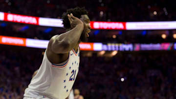 PHILADELPHIA, PA - MAY 02: Joel Embiid #21 of the Philadelphia 76ers reacts after dunking the ball against the Toronto Raptors in the fourth quarter of Game Three of the Eastern Conference Semifinals at the Wells Fargo Center on May 2, 2019 in Philadelphia, Pennsylvania. The 76ers defeated the Raptors 116-95. NOTE TO USER: User expressly acknowledges and agrees that, by downloading and or using this photograph, User is consenting to the terms and conditions of the Getty Images License Agreement. (Photo by Mitchell Leff/Getty Images)
