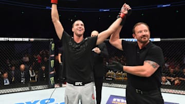 AUSTIN, TX - FEBRUARY 18: James Vick celebrates after his unanimous decision victory over Francisco Trinaldo of Brazil in their lightweight bout during the UFC Fight Night event at Frank Erwin Center on February 18, 2018 in Austin, Texas. (Photo by Josh Hedges/Zuffa LLC/Zuffa LLC via Getty Images)
