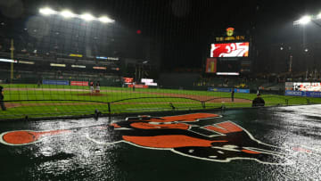 Jun 22, 2022; Baltimore, Maryland, USA; A detail view of the Baltimore Orioles logo on top of the home dugout during the game Washington Nationals d at Oriole Park at Camden Yards. Baltimore Orioles defeated Washington Nationals 7-0 in a rain shorten game. Mandatory Credit: Tommy Gilligan-USA TODAY Sports
