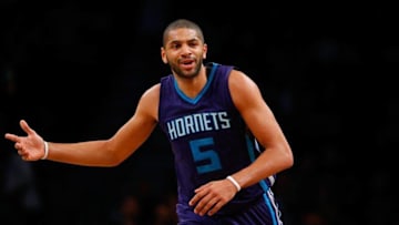 Mar 22, 2016; Brooklyn, NY, USA; Charlotte Hornets guard Nicolas Batum (5) reacts during second half against Brooklyn Nets at Barclays Center. The Charlotte Hornets defeated the Brooklyn Nets 105-100.Mandatory Credit: Noah K. Murray-USA TODAY Sports