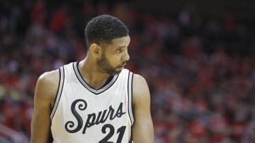 Dec 25, 2015; Houston, TX, USA; San Antonio Spurs center Tim Duncan (21) reacts after being called for a foul against the Houston Rockets in the second half of a NBA basketball game on Christmas at Toyota Center. Rockets won 88 to 84. Mandatory Credit: Thomas B. Shea-USA TODAY Sports