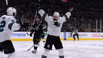 Apr 22, 2016; Los Angeles, CA, USA; San Jose Sharks right wing Joonas Donskoi (27) celebrates with right wing Joel Ward (42) after scoring a goal in the first period against the Los Angeles Kings in game five of the first round of the 2016 Stanley Cup Playoffs at Staples Center. Mandatory Credit: Kirby Lee-USA TODAY Sports