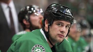 Oct 13, 2015; Dallas, TX, USA; Dallas Stars left wing Jamie Benn (14) watches his team take on the Edmonton Oilers during the third period at the American Airlines Center. Stars defeat the Oilers 4-2. Credit: Jerome Miron-USA TODAY Sports