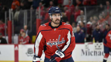 WASHINGTON, DC - NOVEMBER 15: Capitals center Chandler Stephenson (18) skates to a face-off during the Montreal Canadiens vs. Washington Capitals game November 15, 2019 at Capital One Arena in Washington, D.C.. (Photo by Randy Litzinger/Icon Sportswire via Getty Images)