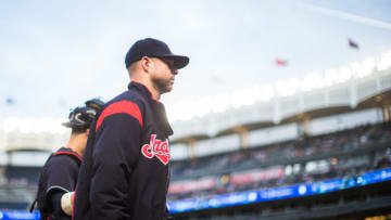 NEW YORK - AUGUST 28: Corey Kluber #28 of the Cleveland Indians looks on during the game against the New York Yankees at Yankee Stadium on August 28, 2017 in the Bronx borough of New York City. (Photo by Rob Tringali/MLB Photos via Getty Images)