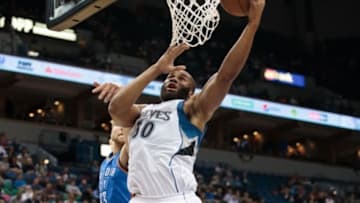 Apr 15, 2015; Minneapolis, MN, USA; Minnesota Timberwolves forward Arinze Onuaku (50) shoots the ball in the fourth quarter against the Oklahoma City Thunder at Target Center. Mandatory Credit: Brad Rempel-USA TODAY Sports