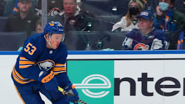 BUFFALO, NY - NOVEMBER 29: Jeff Skinner #53 of the Buffalo Sabres during the game against the Seattle Kraken at KeyBank Center on November 29, 2021 in Buffalo, New York. (Photo by Kevin Hoffman/Getty Images)