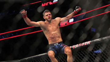 BOSTON, MA - JANUARY 20: Calvin Kattar celebrates his defeat of Shane Burgos in a Featherweights match during UFC 220 at TD Garden in Boston on Jan. 20, 2018. (Photo by Barry Chin/The Boston Globe via Getty Images)