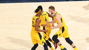 CLEVELAND, OH - APRIL 27: Myles Turner #33 and Domantas Sabonis #11 of the Indiana Pacers react to a play against the Cleveland Cavaliers in Game Six of Round One of the 2018 NBA Playoffs on April 27, 2018 at Bankers Life Fieldhouse in Indianapolis, Indiana. (Photo by Nathaniel S. Butler/NBAE via Getty Images)