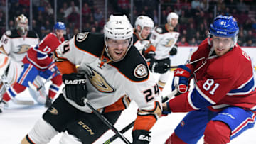 MONTREAL, QC - MARCH 22: Lars Eller #81 of the Montreal Canadiens skates against Simon Despres #24 of the Anaheim Ducks in the NHL game at the Bell Centre on March 22, 2016 in Montreal, Quebec, Canada. (Photo by Francois Lacasse/NHLI via Getty Images) *** Local Caption ***Simon Despres;Lars Eller;