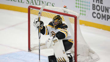 Feb 25, 2021; Uniondale, New York, USA; Boston Bruins goalie Jaroslav Halak (41) reacts after allowing the New York Islanders to score five goals in the third period and seven overall during the third period at Nassau Veterans Memorial Coliseum. Mandatory Credit: Brad Penner-USA TODAY Sports