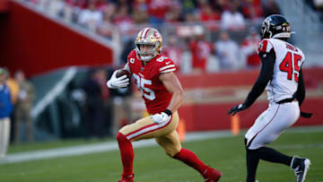 SANTA CLARA, CA - DECEMBER 15: George Kittle #85 of the San Francisco 49ers runs after making a reception during the game against the Atlanta Falcons at Levi's Stadium on December 15, 2019 in Santa Clara, California. The Falcons defeated the 49ers 29-22. (Photo by Michael Zagaris/San Francisco 49ers/Getty Images)