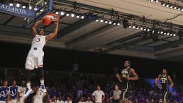 Nov 28, 2013; Paradise Island, BAHAMAS; Kansas Jayhawks guard Andrew White III (3) dunks during the second half against the Wake Forest Demon Deacons at the 2013 Battle 4 Atlantis in the Imperial Arena at the Atlantis Resort. Mandatory Credit: Kevin Jairaj-USA TODAY Sports