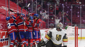 Jun 24, 2021; Montreal, Quebec, CAN; Montreal Canadiens forward Artturi Lehkonen (62) celebrates with teammates after scoring a goal against Vegas Golden Knights goalie Robin Lehner (90) during the overtime period in game six of the 2021 Stanley Cup Semifinals at the Bell Centre. Mandatory Credit: Eric Bolte-USA TODAY Sports