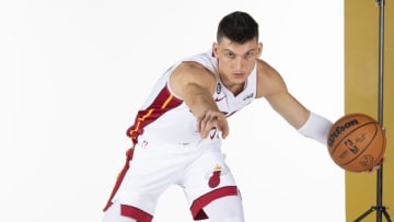 Tyler Herro #14 of the Miami Heat poses for a portrait during media day at FTX Arena(Photo by Eric Espada/Getty Images)