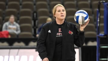 Dec 14, 2022; Omaha, Nebraska, US; Louisville Cardinals head coach Dani Busboom Kelly watches the team during the practice session at CHI Health Center. Mandatory Credit: Steven Branscombe-USA TODAY Sports