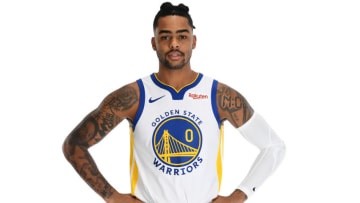 SAN FRANCISCO, CA - SEPTEMBER 30: D'Angelo Russell #0 of the Golden State Warriors poses for a portrait during media day on September 30, 2019 at the Biofreeze Performance Center in San Francisco, California. NOTE TO USER: User expressly acknowledges and agrees that, by downloading and/or using this photograph, user is consenting to the terms and conditions of the Getty Images License Agreement. Mandatory Copyright Notice: Copyright 2019 NBAE (Photo by Noah Graham/NBAE via Getty Images)