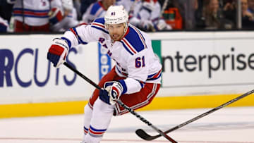 Jan 15, 2015; Boston, MA, USA; New York Rangers left wing Rick Nash (61) skates with the puck during the third period of the Boston Bruins 3-0 win over the New York Rangers at TD Garden. Mandatory Credit: Winslow Townson-USA TODAY Sports