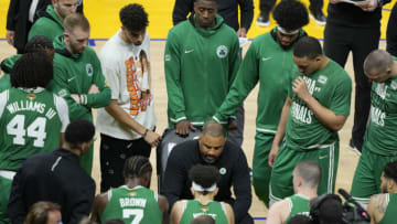 SAN FRANCISCO, CALIFORNIA - JUNE 02: Head coach Ime Udoka of the Boston Celtics speaks to his team during a timeout in the fourth quarter against the Golden State Warriors in Game One of the 2022 NBA Finals at Chase Center on June 02, 2022 in San Francisco, California. NOTE TO USER: User expressly acknowledges and agrees that, by downloading and/or using this photograph, User is consenting to the terms and conditions of the Getty Images License Agreement. (Photo by Thearon W. Henderson/Getty Images)