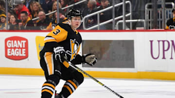 PITTSBURGH, PA - APRIL 04: Olli Maatta #3 of the Pittsburgh Penguins skates against the Detroit Red Wings at PPG Paints Arena on April 4, 2019 in Pittsburgh, Pennsylvania. (Photo by Joe Sargent/NHLI via Getty Images)