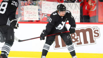 Alexander Holtz #10 of the New Jersey Devils. (Photo by Rich Graessle/Getty Images)