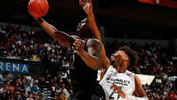 ATLANTA, GA - MARCH 28: Zion Williamson #12 of Spartanburg Day School grabs a rebound against Jordan Brown #21 of Prolific Prep during the 2018 McDonald's All American Game at Philips Arena on March 28, 2018 in Atlanta, Georgia. (Photo by Kevin C. Cox/Getty Images)
