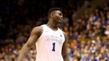DURHAM, NORTH CAROLINA - JANUARY 05: Zion Williamson #1 of the Duke Blue Devils reacts after a play against the Clemson Tigers during their game at Cameron Indoor Stadium on January 05, 2019 in Durham, North Carolina. (Photo by Streeter Lecka/Getty Images)