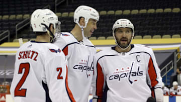 Justin Schultz, Zdeno Chara, Alex Ovechkin, Washington Capitals Mandatory Credit: Charles LeClaire-USA TODAY Sports