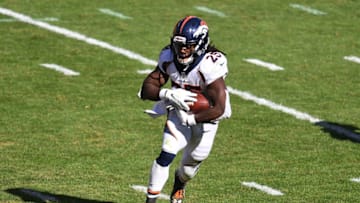 PITTSBURGH, PA - SEPTEMBER 20: Melvin Gordon #25 of the Denver Broncos in action during the game against the Pittsburgh Steelers at Heinz Field on September 20, 2020 in Pittsburgh, Pennsylvania. (Photo by Joe Sargent/Getty Images)