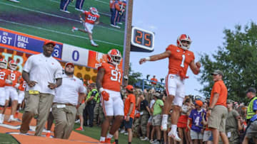 Clemson running back Will Shipley (1) runs down the hill with teammates before the game with South Carolina State University Saturday, September 11, 2021.Ncaa Football Clemson