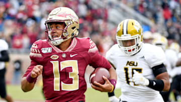 Nov 16, 2019; Tallahassee, FL, USA; Florida State Seminoles quarterback Jordan Travis (13) runs the ball during the second half against the Alabama State Hornets at Doak Campbell Stadium. Mandatory Credit: Melina Myers-USA TODAY Sports