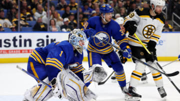 Mar 19, 2023; Buffalo, New York, USA; Buffalo Sabres goaltender Ukko-Pekka Luukkonen (1) looks for the puck during the third period against the Boston Bruins at KeyBank Center. Mandatory Credit: Timothy T. Ludwig-USA TODAY Sports