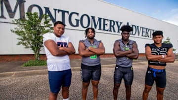 Auburn footballVysen Lang of Pike Road, from left, James Smith and Qua Russaw from Carver, and Jeremiah Cobb from Catholic are shown in Montgomery, Ala., on Sunday August 7, 2022.Fab01