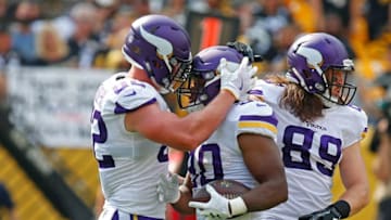 PITTSBURGH, PA - SEPTEMBER 17: C.J. Ham #30 of the Minnesota Vikings celebrates with Kyle Rudolph #82 after rushing for a 1-yard touchdown in the third quarter during the game against the Pittsburgh Steelers at Heinz Field on September 17, 2017 in Pittsburgh, Pennsylvania. (Photo by Justin K. Aller/Getty Images)