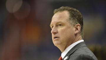 Mar 9, 2016; Washington, DC, USA; North Carolina State Wolfpack head coach Mark Gottfried looks on to the court in the second half against the Duke Blue Devils during day two of the ACC conference tournament at Verizon Center. Duke Blue Devils defeated North Carolina State Wolfpack 92-89. Mandatory Credit: Tommy Gilligan-USA TODAY Sports