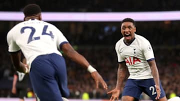 LONDON, ENGLAND - FEBRUARY 02: Steven Bergwijn of Tottenham Hotspur celebrates after scoring his team's first goal during the Premier League match between Tottenham Hotspur and Manchester City at Tottenham Hotspur Stadium on February 02, 2020 in London, United Kingdom. (Photo by Catherine Ivill/Getty Images)
