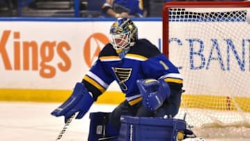 Jan 12, 2016; St. Louis, MO, USA; St. Louis Blues goalie Brian Elliott (1) blocks a shot against the New Jersey Devils during the first period at Scottrade Center. Mandatory Credit: Jasen Vinlove-USA TODAY Sports