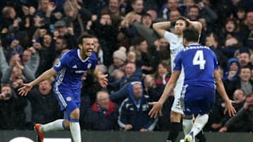 LONDON, ENGLAND - FEBRUARY 25: Pedro of Chelsea celebrates scoring his sides second goal of the match during the Barclays Premier League match between Chelsea and Swansea City at Stamford Bridge on February 25, 2017 in London, England. (Photo by Athena Pictures/Getty Images)