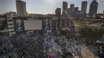 May 24, 2016; Tampa, FL, USA; Tampa Bay Lightning fans gather to watch the game on a big screen in the Tampa Bay Lightning fan zone called Thunder Alley before game six of the Eastern Conference Final of the 2016 Stanley Cup Playoffs against the Pittsburgh Penguins at Amalie Arena. Mandatory Credit: Reinhold Matay-USA TODAY Sports