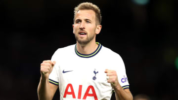 LONDON, ENGLAND - OCTOBER 15: Harry Kane celebrates after Pierre-Emile Hojbjerg of Tottenham Hotspur (not pictured) scored their sides second goal during the Premier League match between Tottenham Hotspur and Everton FC at Tottenham Hotspur Stadium on October 15, 2022 in London, England. (Photo by Julian Finney/Getty Images)