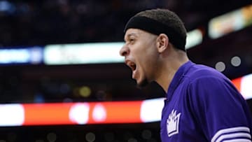 Apr 11, 2016; Phoenix, AZ, USA; Sacramento Kings guard Seth Curry (30) cheers from the bench in the second half against the Phoenix Suns at Talking Stick Resort Arena. The Sacramento Kings won 105-101. Mandatory Credit: Jennifer Stewart-USA TODAY Sports