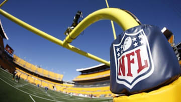 Oct 26, 2014; Pittsburgh, PA, USA; General view of the NFL logo on the goal post pad before the Pittsburgh Steelers host the Indianapolis Colts at Heinz Field. Mandatory Credit: Charles LeClaire-USA TODAY Sports