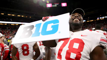 INDIANAPOLIS, INDIANA - DECEMBER 07: Nicholas Petit-Frere #78 of the Ohio State Buckeyes celebrates after winning the Big Ten Championship game against the Wisconsin Badgers at Lucas Oil Stadium on December 07, 2019 in Indianapolis, Indiana. (Photo by Justin Casterline/Getty Images)