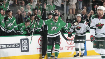 DALLAS, TX - MARCH 31: Tyler Seguin #91 of the Dallas Stars celebrates his 40th goal of the season against the Minnesota Wild at the American Airlines Center on March 31, 2018 in Dallas, Texas. (Photo by Glenn James/NHLI via Getty Images)