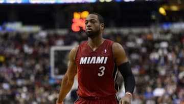 Jan 17, 2014; Philadelphia, PA, USA; Miami Heat guard Dwyane Wade (3) during the fourth quarter against the Philadelphia 76ers at the Wells Fargo Center. The Heat defeated the Sixers 101-86. Mandatory Credit: Howard Smith-USA TODAY Sports