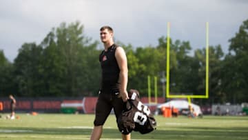 Jul 31, 2016; Berea, OH, USA; Cleveland Browns tight end Gary Barnidge walks toward the locker room following practice at the Cleveland Browns Training Facility in Berea, OH. Mandatory Credit: Scott R. Galvin-USA TODAY Sports