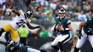 Sep 25, 2016; Philadelphia, PA, USA; Philadelphia Eagles quarterback Carson Wentz (11) drops back to pass as Philadelphia Eagles running back Darren Sproles (43) blocks Pittsburgh Steelers cornerback William Gay (22) in the third quarter at Lincoln Financial Field. Mandatory Credit: James Lang-USA TODAY Sports