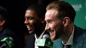 BOSTON, MA - SEPTEMBER 1: Gordon Hayward talks with the media as he gets introduced as Boston Celtics on September 1, 2017 at the TD Garden in Boston, Massachusetts. NOTE TO USER: User expressly acknowledges and agrees that, by downloading and or using this photograph, User is consenting to the terms and conditions of the Getty Images License Agreement. Mandatory Copyright Notice: Copyright 2017 NBAE (Photo by Brian Babineau/NBAE via Getty Images)